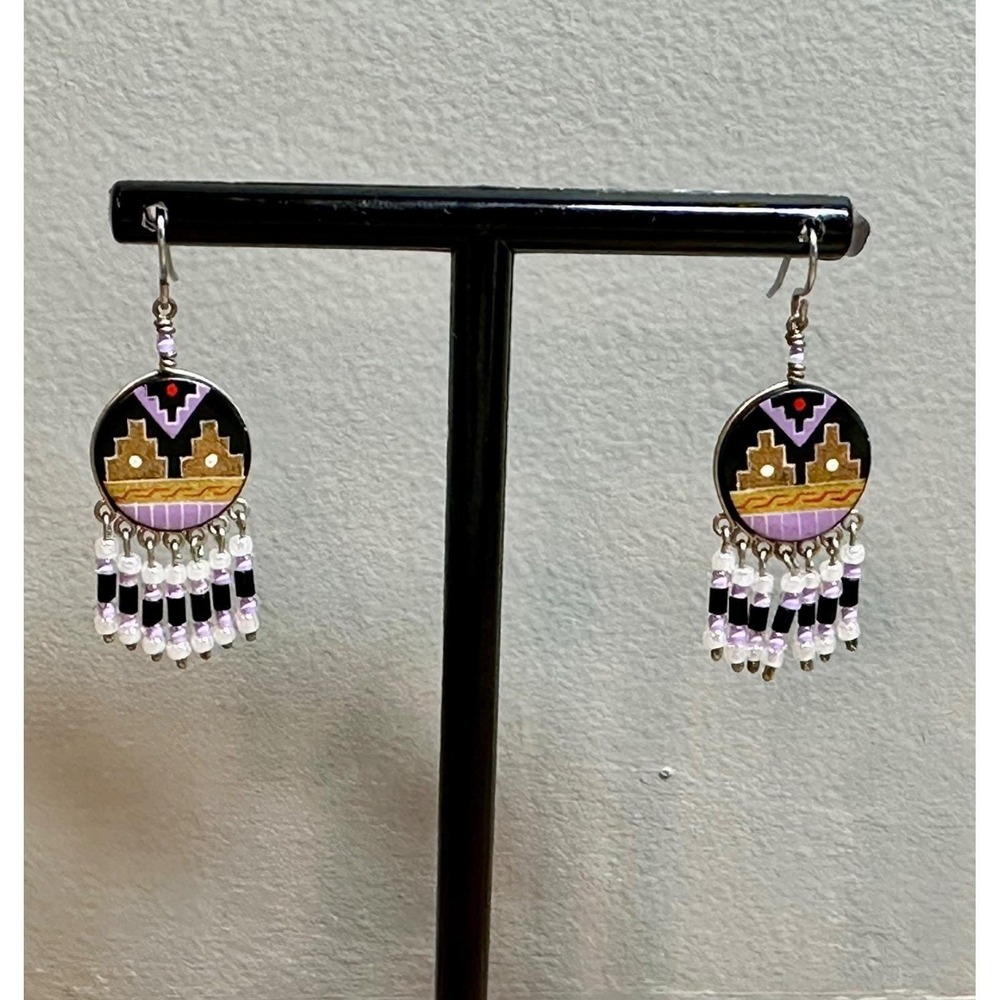 Southwest Pueblo Scene Beaded Dangle Earrings Handmade Peru Boho